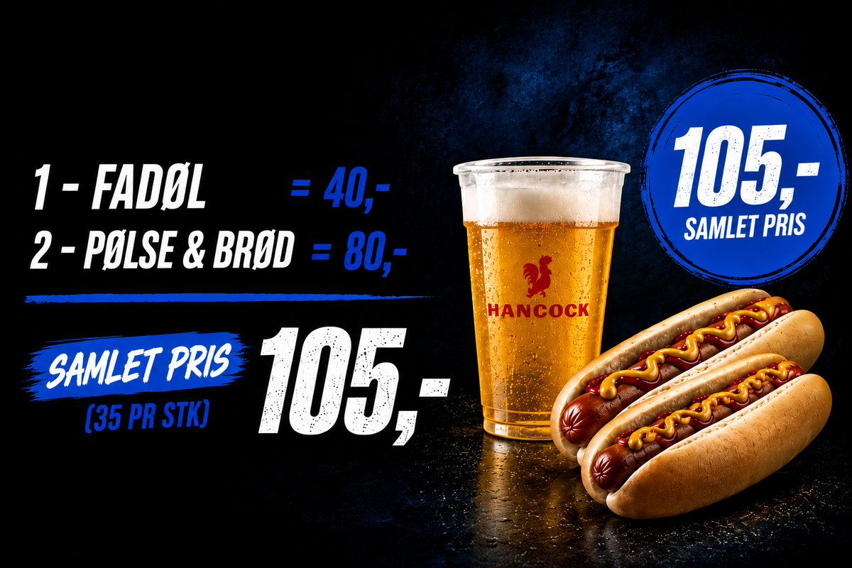 1 fadøl + 2x pølse m/brød