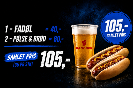 1 fadøl + 2x pølse m/brød