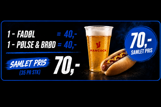 1 fadøl + 1 pølse m/ brød